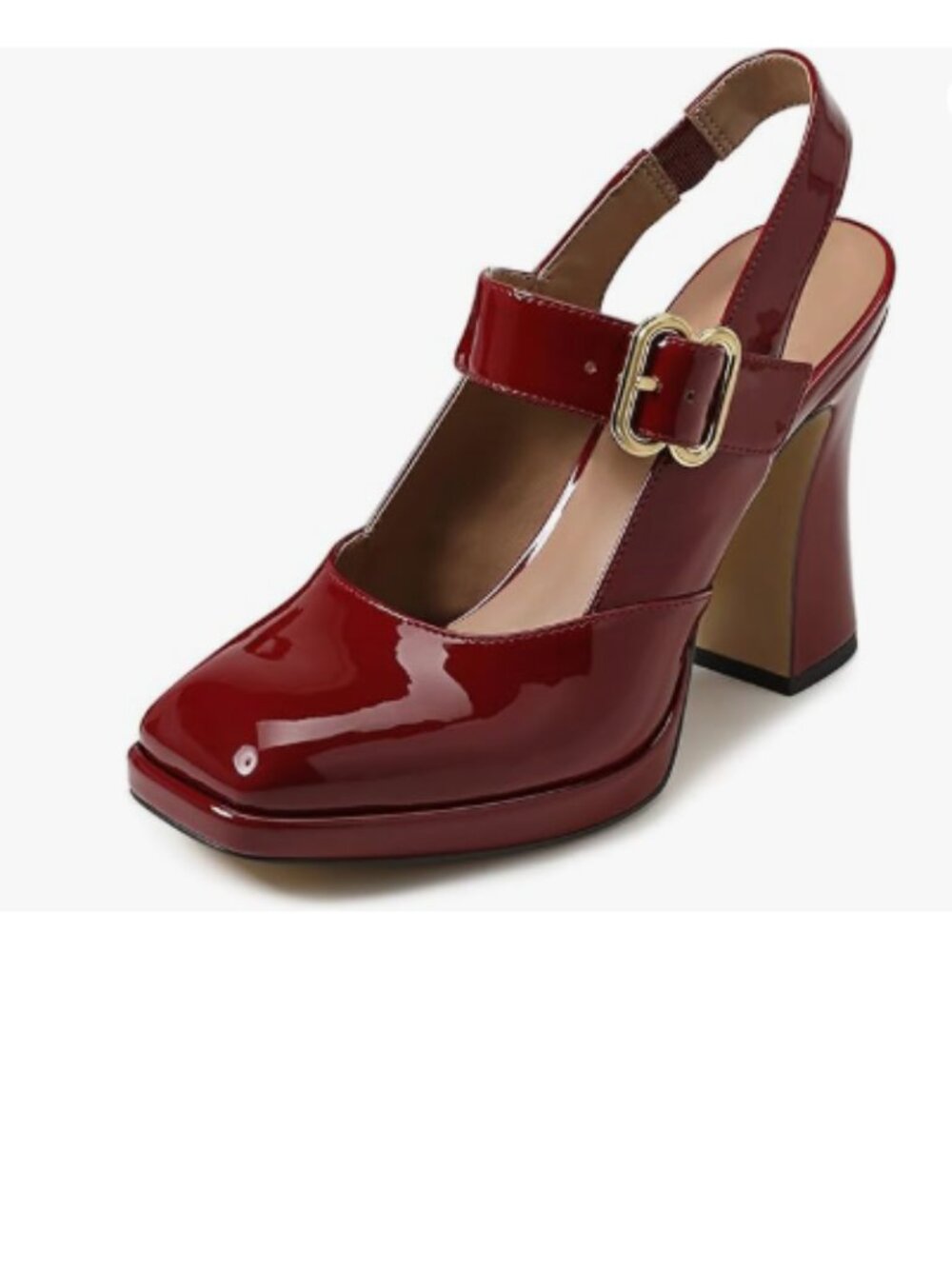 FYS Red Platform Square Toe Pumps Block High Heel Mary Janes Slingback Sexy Shoe